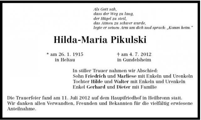 Herbert Hilda Maria 1915-2012 Todesanzeige